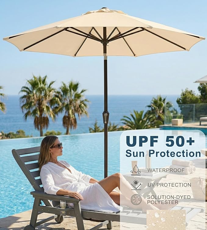 PatioKingdom Auto-Tilt 9FT Patio Umbrella Outdoor with 8 Sturdy Fiberglass Ribs,Market Table Umbrella for Pool,Backyard,Deck and Garden