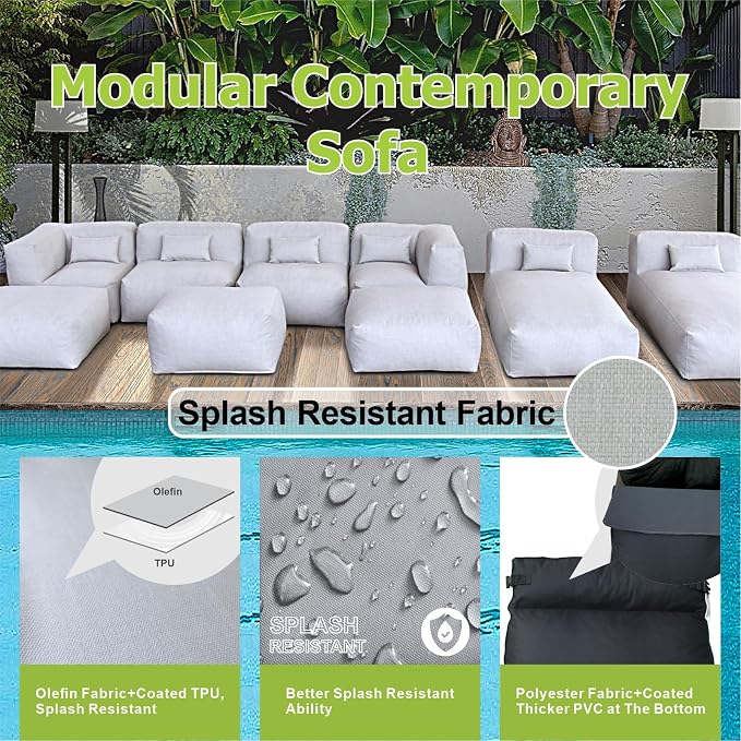 ANNYH Patio Modern ERACLEA(9P) Outdoor Furniture Sectional Conversation Set - Combines 2Lounger 2Middle 2Corner 3Ottoman/Coffee Exp Foam Filled Chairs.A Unique Modular Contemporary Sofa (Cloud Gray)