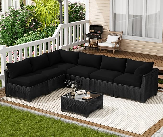 7 Piece Outdoor Patio Furniture Set, Rattan Chairs Glass Table Wicker Conversation Seating Sectional Sofa with Cushions (Black-Black, 7Pcs-Straight Back)