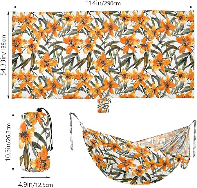 Camping Hammock Outdoor Hammocks for Outside Orange Floral Flowers Beach Trees Portable Lightweight with Pockets Tree Straps Indoor Small