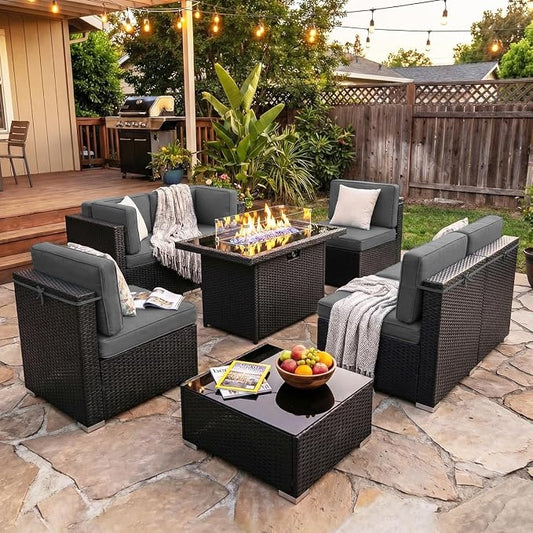 8 Pieces Patio Furniture Set with 44" Propane Gas Fire Pit Table, Outdoor Sectional Wicker Conversation Sofa Sets with Coffee Table