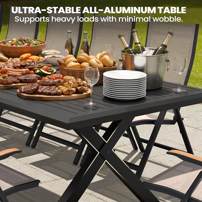 Pellebant 118" Aluminum Outdoor Patio Dining Table for 10-12, 10ft Weather-Resistant Black Tabletop with Umbrella Hole, Sturdy Frame – Large for Deck, Porch, Poolside