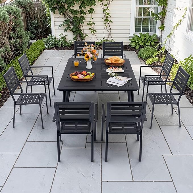 10-Piece Outdoor Dining Set - Two 47.25" HDPE Patio Tables and 8 Stackable Armrest Chairs - All-Weather Rust-Proof Steel Frame for Garden, Deck(Black)
