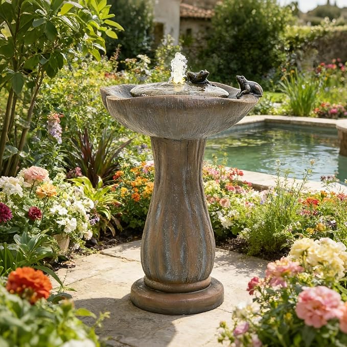 24" Brown Bird Bath Fountain, Hand-Painted Outdoor Bird Bath Bowl with UV & Frost-Resistant Finish (Brown, 16 * 24")