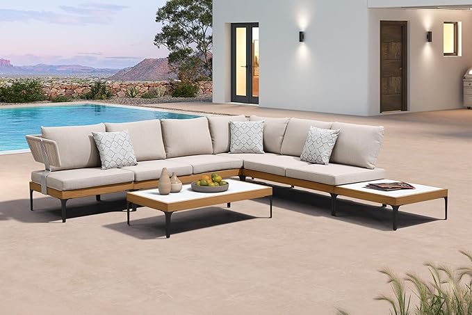 PURPLE LEAF 5 Pieces Outdoor Conversation Furniture Sets with Coffee Tables Patio Wicker Sectional Sets Aluminum L-Shaped Sofa Chairs for Balcony Yard Garden Poolside, Cushions and Pillows Included