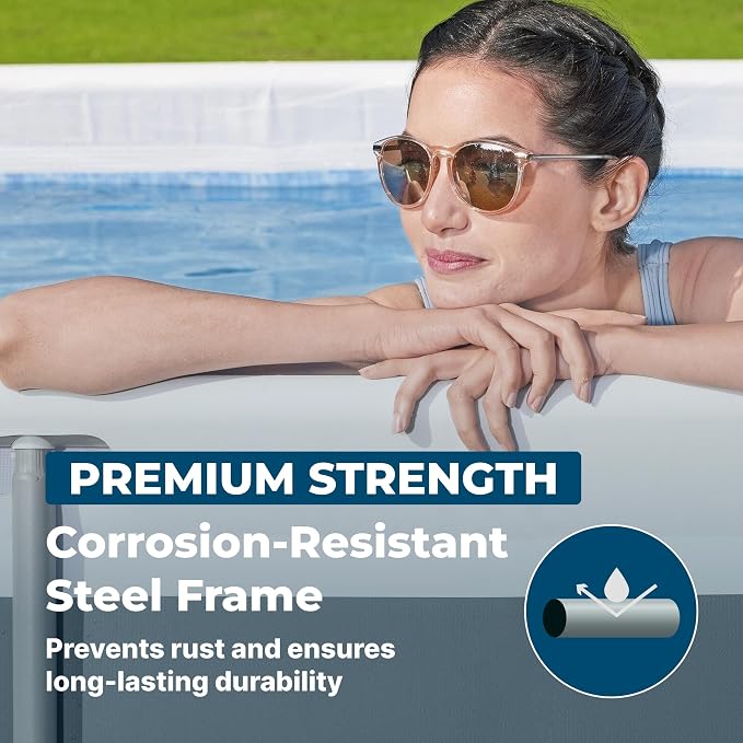 Bestway Power Steel 31’4" x 16' x 52” Above Ground Pool, Rectangular Metal Frame Outdoor Swimming Pool Set with Sand Filter Pump, Ladder, and Cover