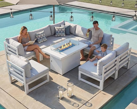 BULEXYARD 9 Piece Luxury Aluminum Outdoor Sectional Sofa with Fire Pit Table, Extra Large L Shaped Patio Furniture Set, 29" Deep Wide Seating, Comfortable Durable Conversation Set for 500 lbs, White