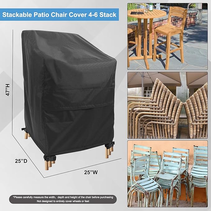 Stackable Chair Covers Outdoor Waterproof - 2 Pack Patio Chair Covers (25W x 25D x 47H inches, Black) Patio Furniture Covers with nonfading fabric fits for 4-6 Stacking Chairs