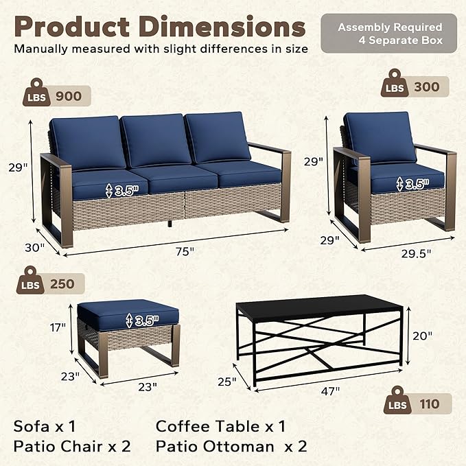 6 Pieces Metal Wicker Patio Furniture Set - 75" Sofa, 2 Armchairs and 2 Ottomans, 1 Coffee Table All Weather Rattan Outdoor Conversation Furniture with Washable Cushion for Deck Porch, Dark Blue