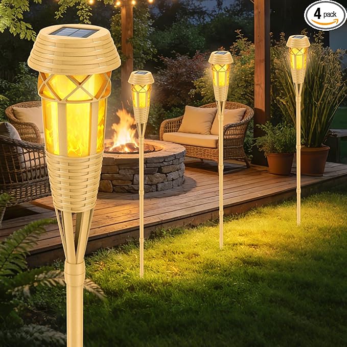 Solar Flickering Flame Torch Lights 4Pack - IP65 Waterproof Dusk to Dawn Auto On/Off, Outdoor Decorative Lights for Garden Yard