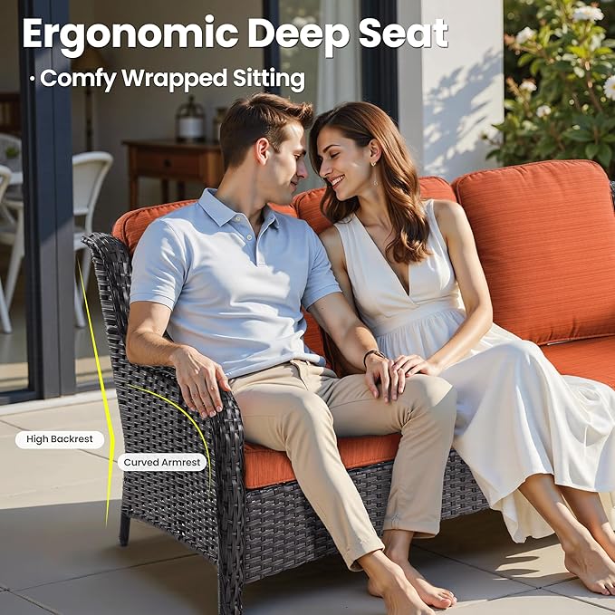 ovios 6-Piece Patio Furniture Set with Swivel Chairs Coffee Table, Outdoor Wicker Sofa with Comfy Cushions, High Back Couch Modern Conversation Sets, Brown/Orange Red