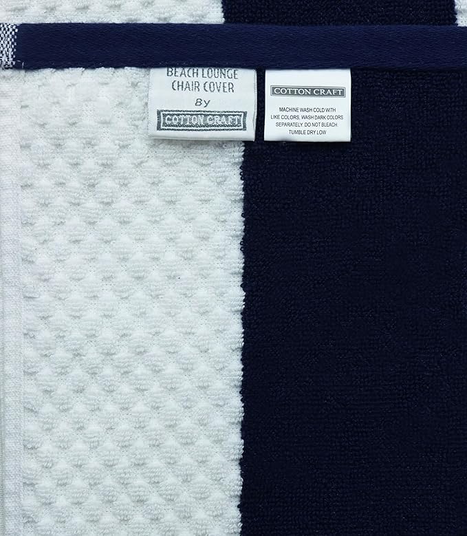 COTTON CRAFT Beach Lounge Chair Cover – 2 Pack Euro Spa Waffle Terry Towel Cabana Stripe Pool Chair Cover - 100% Cotton - 450 GSM Absorbent Quick Dry - Oversized 32 W x 82 L x 7 inch Pocket - Navy