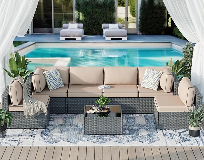JAMFLY 7-Piece Outdoor Patio Furniture Set, Modular PE Rattan Sectional Sofa with Thick Cushions & Glass Coffee Table, Weather-Resistant Wicker Conversation Set for Poolside, Balcony, Garden, Khaki