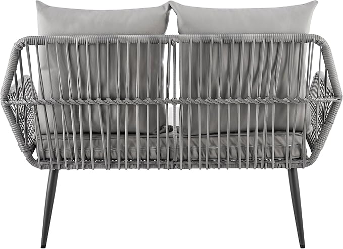 Manhattan Comfort Portofino 4-Piece Patio Conversation Set, Rope Wicker Design with Waterproof Cushions | Outdoor Furniture Includes 2 Armchairs, Loveseat & Coffee Table with Tempered Glass Top, Grey