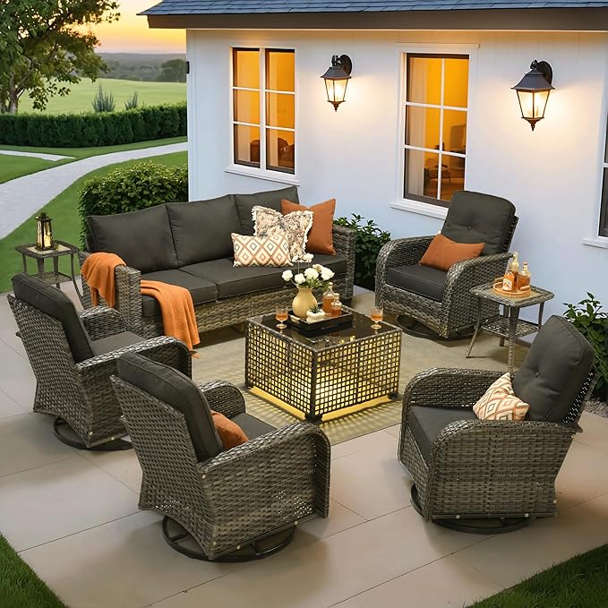 ovios 8 Pieces Patio Furniture Set, Outdoor Wicker Sofa Couch with Rocking Swivel Chairs Solar Lights Table, Modern Deep Seat Rattan Conversation Sets for Deck Porch, Black