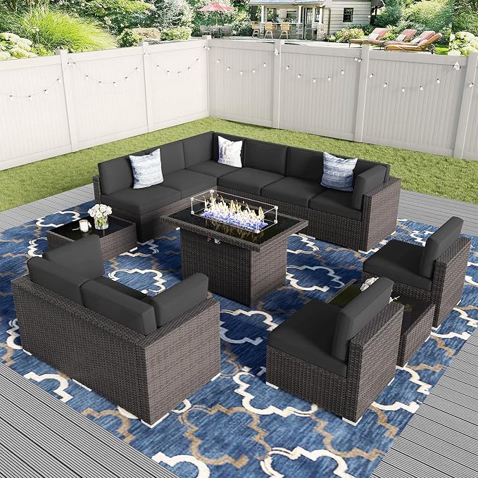 13 Pieces Patio Furniture Set with 44" Propane Gas Fire Pit Table, Outdoor Sectional Wicker Conversation Sofa Sets with Coffee Table
