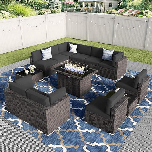 13 Pieces Patio Furniture Set with 44" Propane Gas Fire Pit Table, Outdoor Sectional Wicker Conversation Sofa Sets with Coffee Table