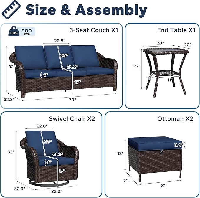 6 PCS Outdoor Conversation Set | 78" Couch, 2 Swivel Chairs, 1 Side Table, 2 Ottomans, Patio Wicker Conversation Furniture with Removable Cushions for Bistro, Deck, Sunroom (Navy Blue)