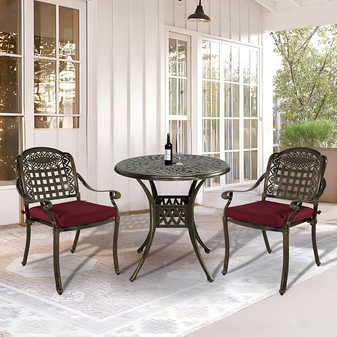 VIVIJASON 3-Piece Outdoor Patio Bistro Set, All-Weather Cast Aluminum Furniture Dining Sets Include 2 Cushioned Chairs and 31" Round Table w/Umbrella Hole for Balcony, Garden, Backyard, Red Cushion