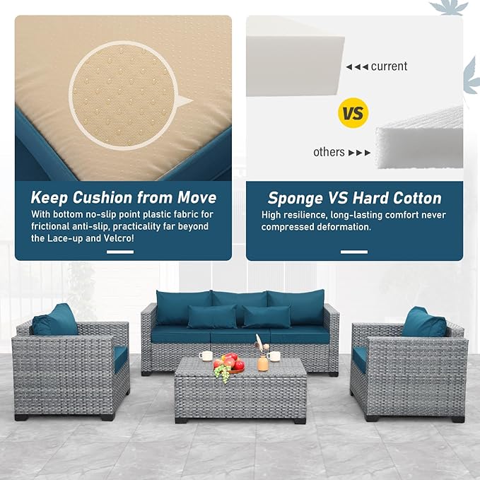 4 Piece Wicker Patio Furniture Sets Outdoor Conversation Set PE Rattan Sectional Sofa Couch with Storage Table and Peacock Blue Cushions