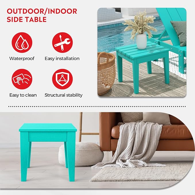 Costaelm Outdoor Patio Table and Chairs Set of 2, 2-Piece HDPE Garden Chair with Square Adirondack Side Table Set, Porch Chairs Coffee Table for Outside Porch Backyard, Turquoise