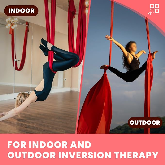 KUAFU 6.56 Yards Aerial Silks for Home Yoga Swing Therapy Swing Aerial | Hammock w/Extension Straps, o-Slings, Carabiners Red