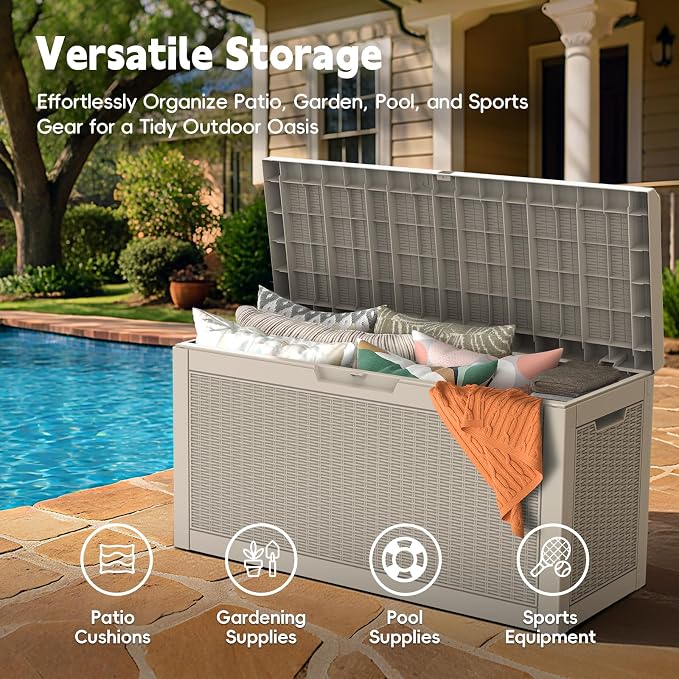 LubanNese Outdoor Storage Box, Waterproof Deck Box, Outdoor Patio Storage Bin, Weatherproof (Grey, 66 Gallon with Seat)