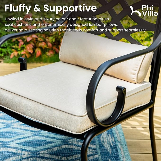PHI VILLA 9 Pieces Outdoor Dining Set for 8, 60" Square Black Metal Table with Umbrella Hole & Wrought Iron Chairs, Large All Weather Outside Furniture with Cushions & Pillows for Patio, Porch, Deck