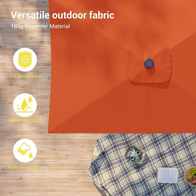 Rectangle Patio Umbrella with Solar Lights, 10 x 6.5ft Rectangular Outdoor Umbrella Table Market Patio Umbrella with Push Button Tilt and Crank for Garden, Deck, Backyard, Pool