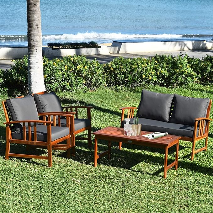 Tangkula 4 Pieces Acacia Wood Patio Furniture Set, Outdoor Seating Chat Set with Gray Cushions & Back Pillow, Conversation Set with Coffee Table, Ideal for Garden, Backyard, Poolside
