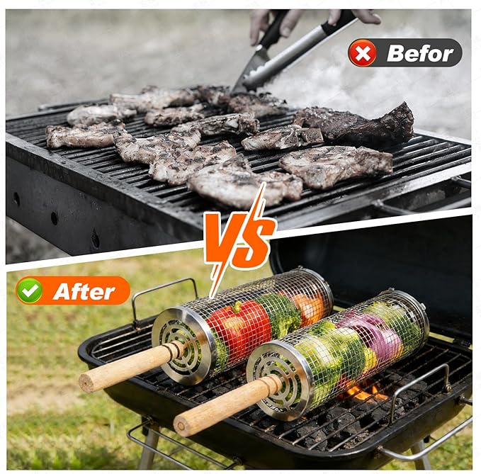 2PCS Rolling Grill Basket Grilling Accessories - Removable Wooden Handle, 304 Stainless Steel,Nesting Barbecue Tools,Smoker BBQ Accessories for Vagetable,Outdoor Cooking Camping,Picnic,Dinner Party,Gifts for Men Dad and Husband