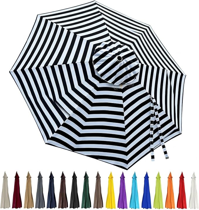 10ft Patio Umbrella Replacement Canopy 8 Ribs, Waterproof & Fade Resistant Market Umbrella Cover, Thickened Polyester Fabric for Backyard, Garden and Pool (Canopy Only) (Black and White Stripe)