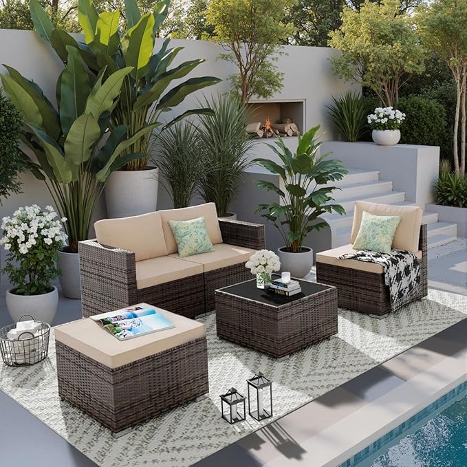5 Piece Patio Furniture Sets, All-Weather PE Rattan Wicker Outdoor Sectional Sofa with Cushions and Glass Table for Garden Backyard Poolside