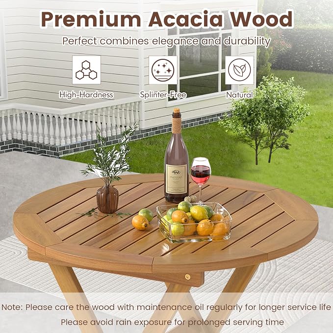 RELAX4LIFE Round Outdoor Folding Table - 26’’ Acacia Wood Patio Bistro Table w/Slatted Tabletop for Indoor Outside Dining Camping, Portable Foldable Wooden Furniture for Garden Backyard Porch (1)