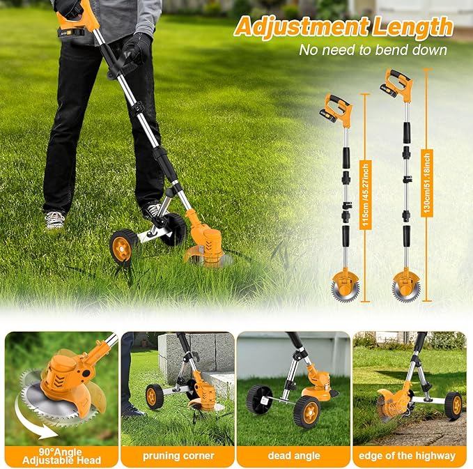 Electric Weed Wacker Cordless Weed Eater Battery Powered 21V, 4-in-1 Brush Cutter/String Trimmer/Grass Trimmer/Lawn Mower, 6 inch Lightweight Edger Stringless Weed Trimmer with Wheel & Blade,2 Battery
