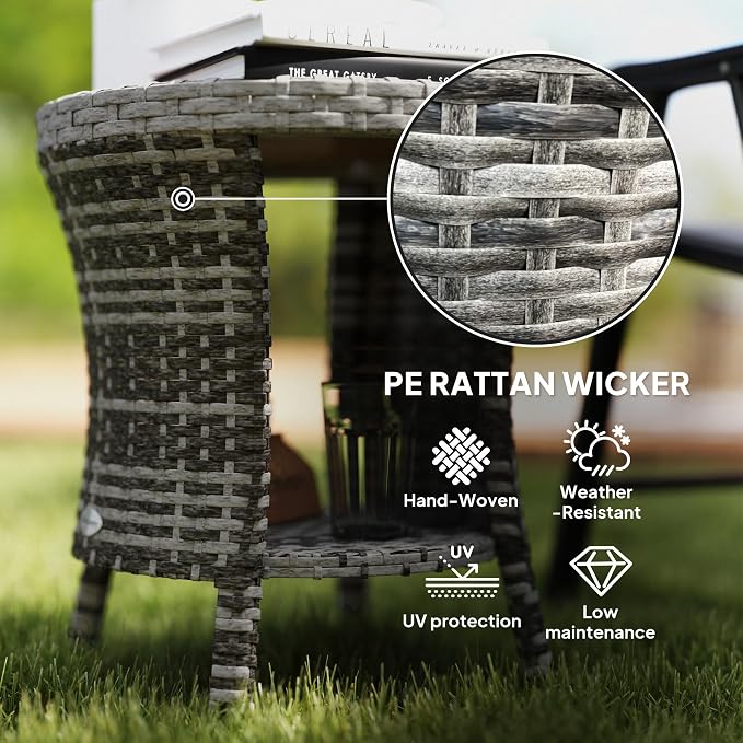 Outsunny 18" Outdoor Wicker Coffee Table, 2-Tier Patio Side Table with Storage, PE Rattan End Table with Composite Wood Top, Steel Frame for Garden Backyard Balcony, Mixed Gray