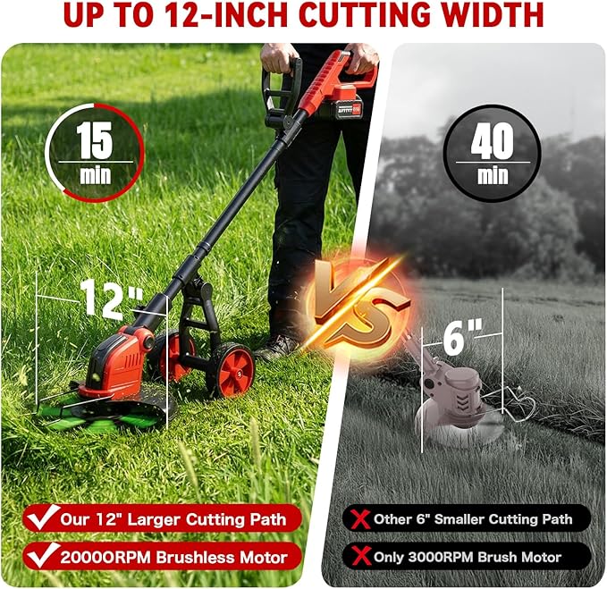 20000 RPM Electric Weed Wacker with Wheel,12″ Brushless Cordless Weed Eater Battery Powered, 4-in-1 Brush Cutter/String Trimmer/Grass Edger Tool/Lawn Mower, Stringless Weed Trimmer,5 Blade,2 Battery