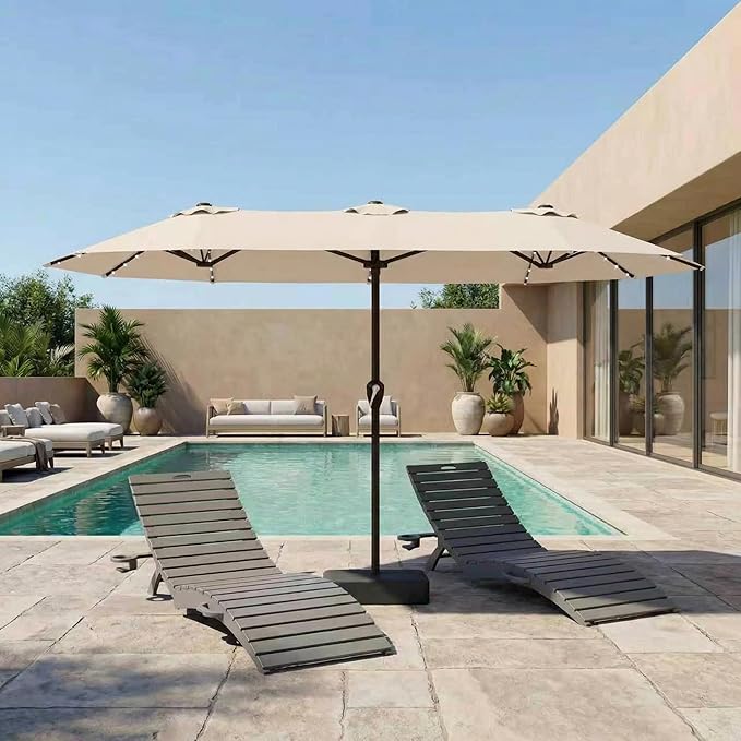 15FT Patio Umbrella with Solar Lights, Double-Sided Extra Large Outdoor Table Umbrella with Base Included, Heavy-Duty 12 Iron Ribs Market Umbrella for Garden, Pool, Backyard, Beige