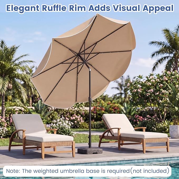 Tangkula 10 FT Solar Patio Umbrella, 2-Tiers Outdoor Scalloped Table Umbrella with 24 LED Lights, Tilt Adjustment, Crank, 8 Ribs for Market Backyard Pool Deck Beach Lawn (Tan)