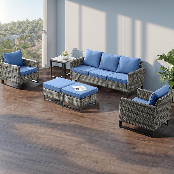 Wicker Outdoor Patio Furniture Set - 5 Piece Patio Conversation Set with 2 Wicker Armrest Chairs,2 Rattan Ottoman and 1 Metal Side Table for Outside Porch Deck Backyard Garden(Mixed Grey/Blue)