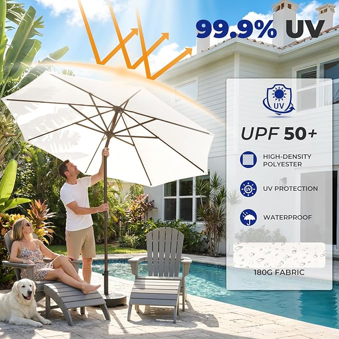 BRIOPAWS 9FT Patio Umbrella with Base Included | Outdoor Table Umbrellas | Push Button Tilt & Crank | 8 Sturdy Fiberglass Ribs | Waterproof | Heavy Duty for Garden Lawn DeckBackyard & Pool
