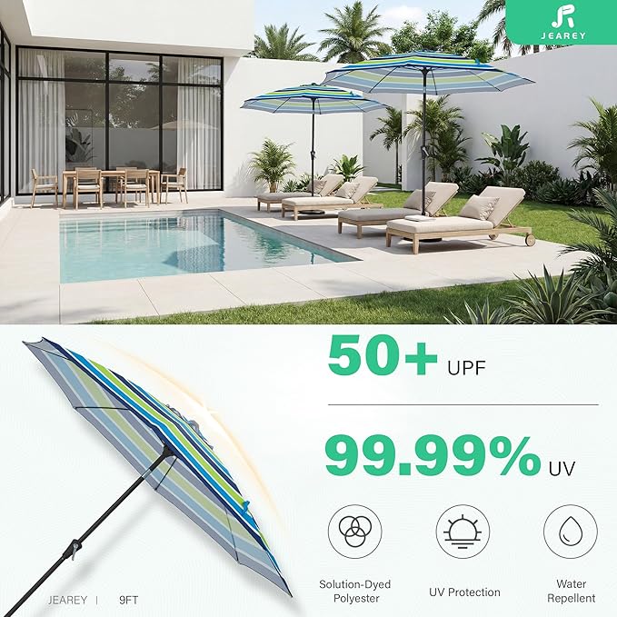 JEAREY 9FT Outdoor Patio Umbrella,Market Table Umbrella with 8 Fiberglass Ribs, Pool Umbrella with Tilt and Crank, UV Protection Lightweight & Wind-Resistant for Lawn, Garden, Deck and Backyard, Blue-Green Stripe