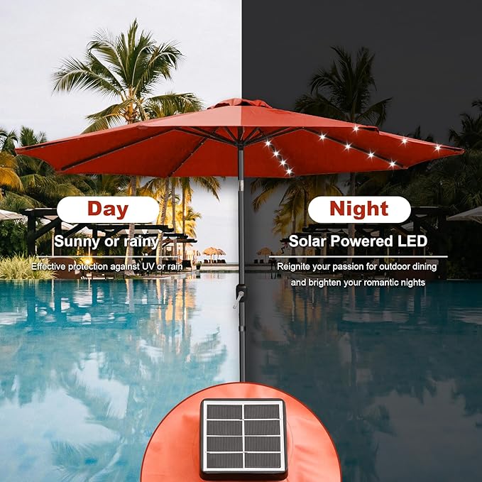 SZHLUX 10ft Solar Powered Patio Umbrella with 32 LED Lights, Aluminum Polyester Solar Umbrella w/Tilt Adjustment and UV-Resistant Fabric