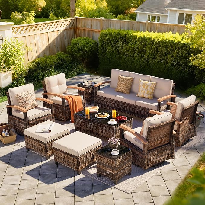 MEISSALIVVE 10 Pieces Patio Furniture Sets,Wicker Patio Conversation Sets with 4 Wood Armrests Swivel Glide Chairs, 2 Ottoman, 3-seat Sofa and Coffee Table (Beige)