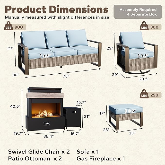 6 Pieces Metal Wicker Patio Furniture Set - 75" Sofa, Two Swivel Chairs and Two Ottomans, One Fireplace All Weather Rattan Outdoor Conversation Furniture with Washable Cushion for Deck, Baby Blue
