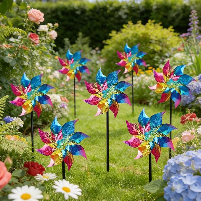 Hausse 12 Pack Reflective Pinwheels with Stakes (Pre-Assembled), Extra Sparkly Rainbow Pin Wheel for Garden Decor, Bird Repellent Devices Deterrent to Scare Birds Away from Yard Patio Farm, Colorful