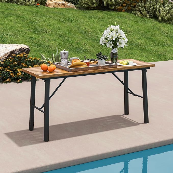 HAPPYGRILL Folding Picnic Table Acacia Wood Dining Table with Metal Frame, Portable Camping BBQ Table, Rectangular Dining Table for Indoor Outdoor Activities Garden Yard Patio