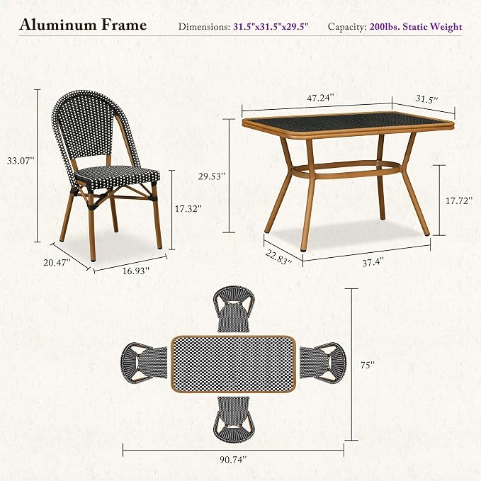 PURPLE LEAF 5-Piece French Bistro Dining Set Rectangle Outdoor Patio Table and 4 Armless Chairs Tempered Glass Top PE Rattan Bamboo Print Finish Aluminum Frame Black