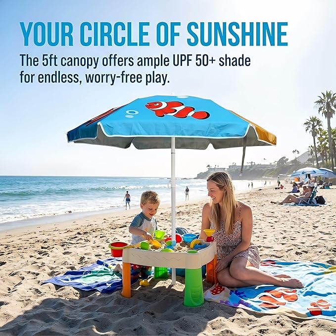 LOTTAFUN Water Table Umbrella Kid 5ft Beach Umbrella Diameter 0.99-1.2 inches Pole UV 50+ Portable Sun Shade with Sand Anchor & Carry Bag, Outdoor Folding Umbrella for Beach,Pool,Patio,Garden (Fish) NO Tilt The sand needs to be over 5 inches above the ...
