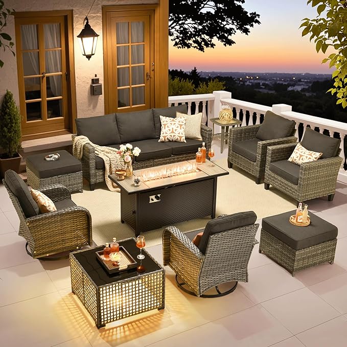 ovios 10 Pieces Patio Furniture Set, Outdoor Wicker Sofa Couch with Rocking Swivel Chairs Solar Light Table Fire Pit, Modern Deep Seat Rattan Conversation Sets, Black